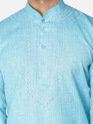 Hand Embroidered Lucknawi Chikankari Blue Cotton Kurta For Men's 5