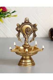 eCraftIndia Shankha Handcrafted Brass Diya with 5 wicks