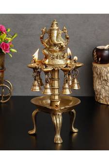 eCraftIndia Lord Ganesha Brass Handcrafted Figurine with Diya and Bells