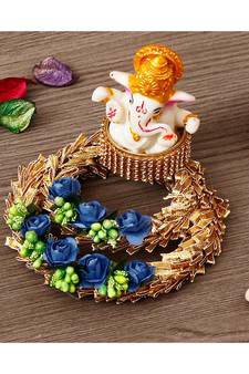 Lord Ganesha Idol on Blue Floral and GottaPatti Work Decorative Handcrafted Plate for HomeTempleficeCar Dashboard