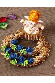 Lord Ganesha Idol on Blue Floral and GottaPatti Work Decorative Handcrafted Plate for HomeTempleficeCar Dashboard