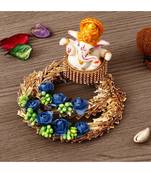Lord Ganesha Idol on Blue Floral and GottaPatti Work Decorative Handcrafted Plate for HomeTempleficeCar Dashboard