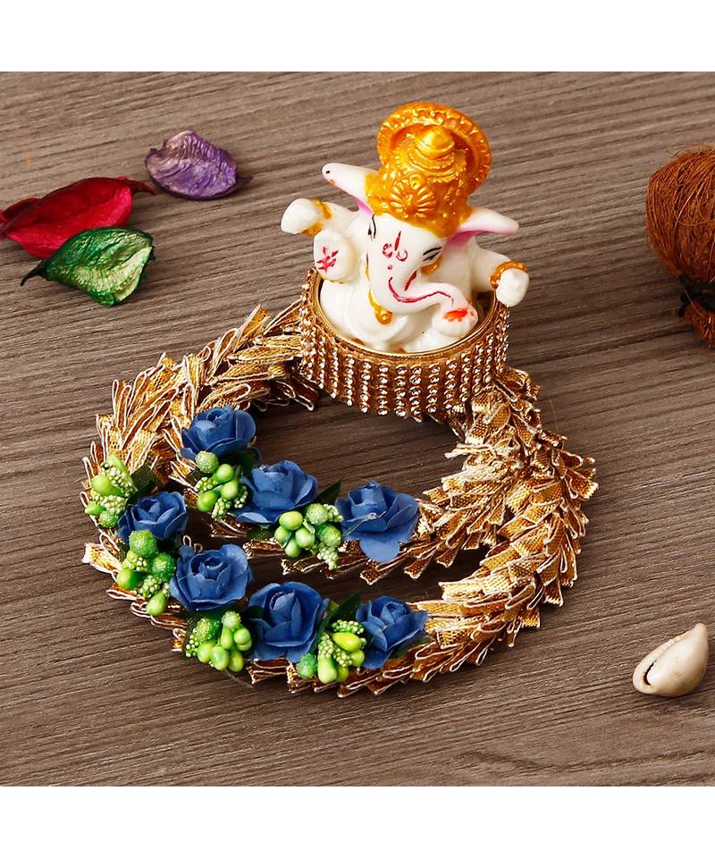 Lord Ganesha Idol on Blue Floral and GottaPatti Work Decorative Handcrafted Plate for HomeTempleficeCar Dashboard