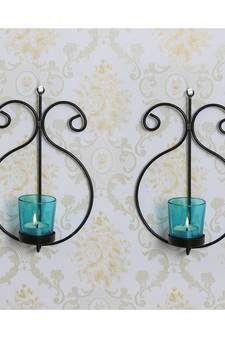 eCraftIndia 2 Blue Glass Cup Black Tea Light Candle Holder with Wall Sconce
