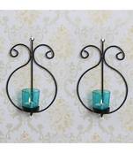 eCraftIndia 2 Blue Glass Cup Black Tea Light Candle Holder with Wall Sconce