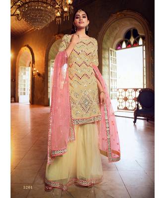 Beige Color Organza Base Salwar Kameez with Thread & Mirror Work 1