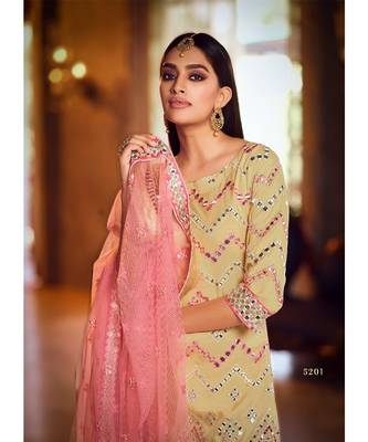 Beige Color Organza Base Salwar Kameez with Thread & Mirror Work 2