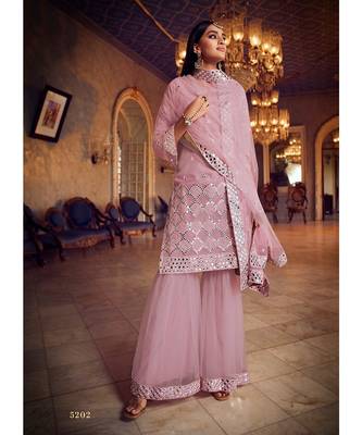 Baby Pink Color Organza Base Salwar Kameez with Thread & Mirror Work 1