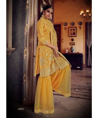 Mustard Yellow Color Organza Base Salwar Kameez with Thread Foli & Mirror Work 2