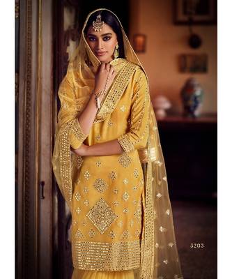 Mustard Yellow Color Organza Base Salwar Kameez with Thread Foli & Mirror Work 1
