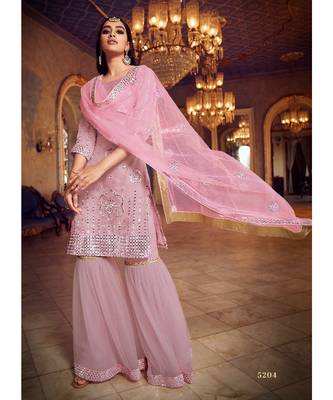 Baby Pink Color Organza Base Salwar Kameez with Thread & Mirror Work 1