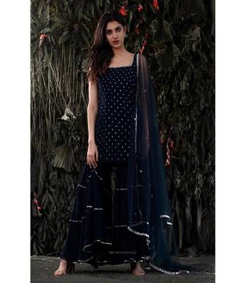 Navy Blue Color Georgette Base Salwar Kameez with Mukaish Work 1