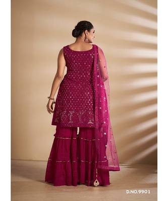 Cherry Red Georgette Base Designer Sharara Suit with Thread & Sequins Work 2
