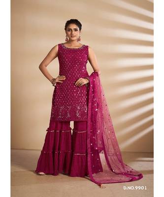 Cherry Red Georgette Base Designer Sharara Suit with Thread & Sequins Work 1
