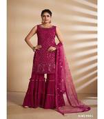 Cherry Red Georgette Base Designer Sharara Suit with Thread & Sequins Work
