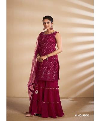 Cherry Red Georgette Base Designer Sharara Suit with Thread & Sequins Work 3