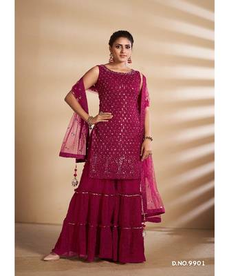 Cherry Red Georgette Base Designer Sharara Suit with Thread & Sequins Work 4