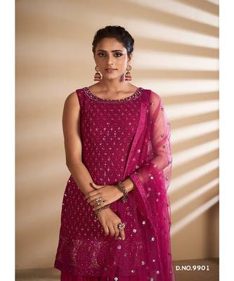 Cherry Red Georgette Base Designer Sharara Suit with Thread & Sequins Work 5