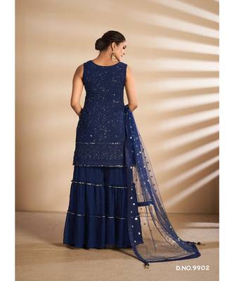 Navy Blue Georgette Base Designer Sharara Suit with Thread & Sequins Work 2