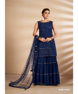 Navy Blue Georgette Base Designer Sharara Suit with Thread & Sequins Work 3