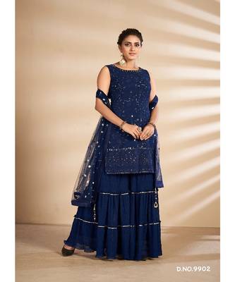 Navy Blue Georgette Base Designer Sharara Suit with Thread & Sequins Work 1