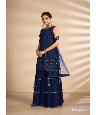 Navy Blue Georgette Base Designer Sharara Suit with Thread & Sequins Work 4