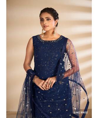 Navy Blue Georgette Base Designer Sharara Suit with Thread & Sequins Work 5