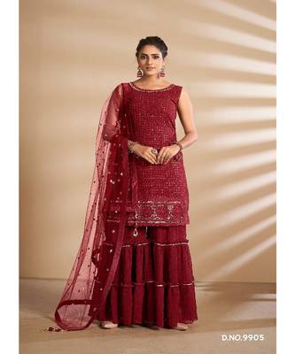 Red Georgette Base Designer Sharara Suit with Thread & Sequins Work 1