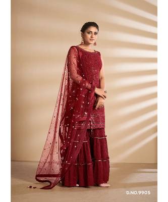 Red Georgette Base Designer Sharara Suit with Thread & Sequins Work 2