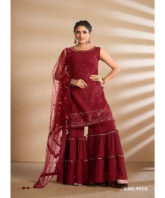 Red Georgette Base Designer Sharara Suit with Thread & Sequins Work 3