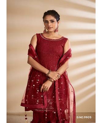 Red Georgette Base Designer Sharara Suit with Thread & Sequins Work 4