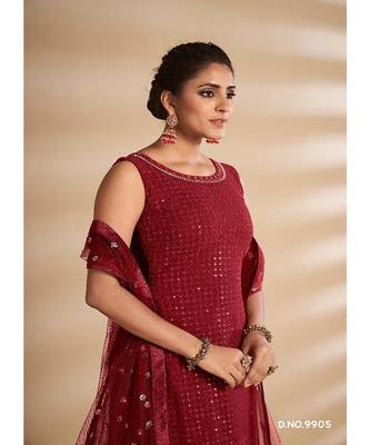 Red Georgette Base Designer Sharara Suit with Thread & Sequins Work 5