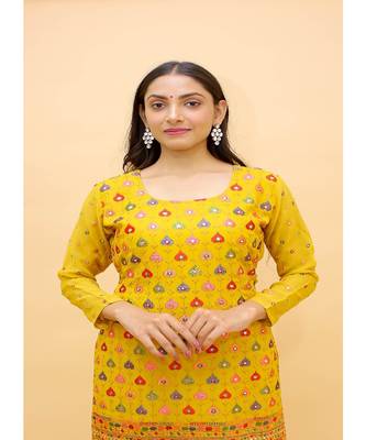 Mustard Yellow Color Chinon Base Salwar Kameez with Thread & Sequins Work 4
