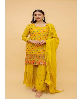 Mustard Yellow Color Chinon Base Salwar Kameez with Thread & Sequins Work 1