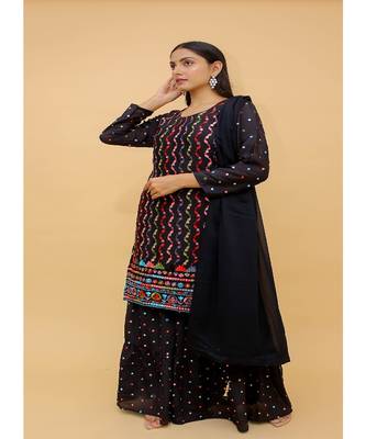 Navy Blue Color Art Silk Base Salwar Kameez withThread & Foli Work 1