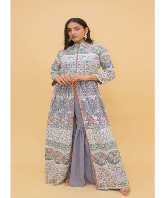 Grey Color Georgette Base Designer Sharara Suit with Thread & Sequins Work 1