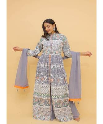 Grey Color Georgette Base Designer Sharara Suit with Thread & Sequins Work 3