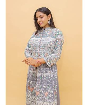 Grey Color Georgette Base Designer Sharara Suit with Thread & Sequins Work 4
