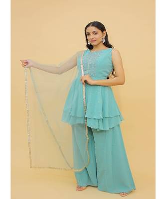 Rama Blue Color Georgette Base Salwar Kameez with Swarovski Work 1