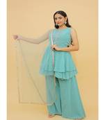 Rama Blue Color Georgette Base Salwar Kameez with Swarovski Work