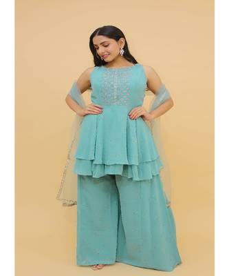 Rama Blue Color Georgette Base Salwar Kameez with Swarovski Work 2