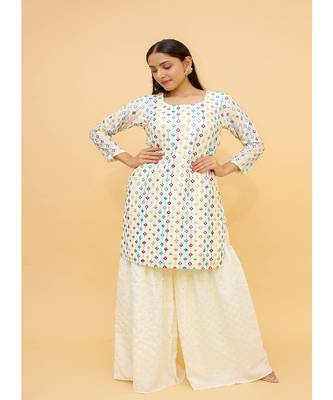 White Georgette Base Designer Sharara Suit with Thread & Foil Work 1