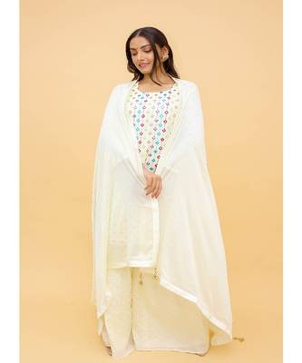 White Georgette Base Designer Sharara Suit with Thread & Foil Work 3