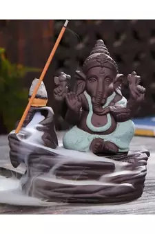 eCraftIndia Green Lord Ganesha Decorative Showpiece with 10 free Smoke Backflow Scented Cone Incenses