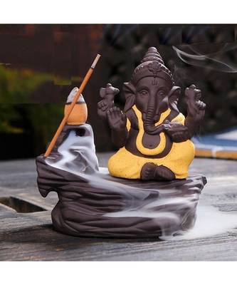 eCraftIndia Yellow Lord Ganesha Decorative Showpiece with 10 free Smoke Backflow Scented Cone Incenses 1