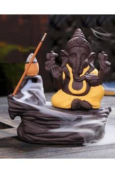 eCraftIndia Yellow Lord Ganesha Decorative Showpiece with 10 free Smoke Backflow Scented Cone Incenses