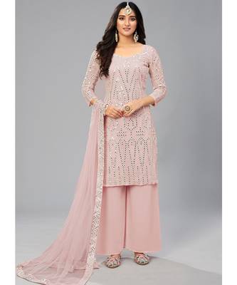 Baby Pink Color Georgette Base Salwar Kameez with Thread & Foli Mirror Work 1