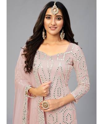 Baby Pink Color Georgette Base Salwar Kameez with Thread & Foli Mirror Work 5
