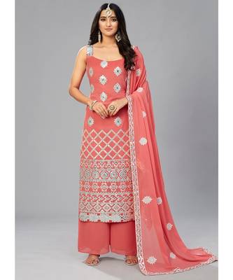 Orange Color Georgette Base Salwar Kameez with Thread & Foil Mirror Work 1