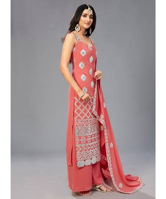 Orange Color Georgette Base Salwar Kameez with Thread & Foil Mirror Work 4